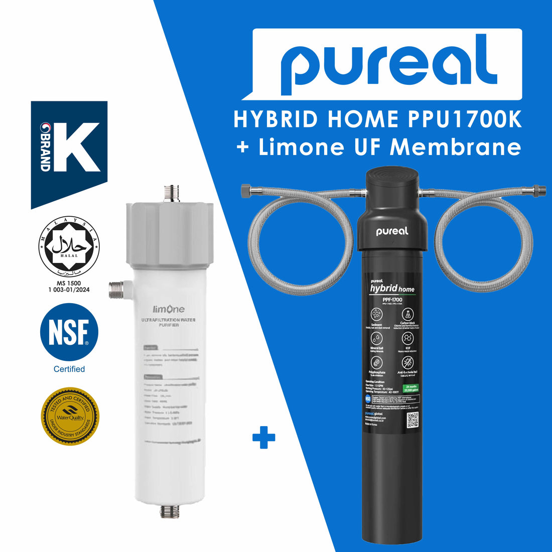 Pureal Hybrid Home PPU1700K Under Sink Water Filter System, 20K Gallons, NSF/ANSI 42&372, Mineral Sediment Carbon Block KDF Polyphosphate Filter for Scale & Lead & Chlorine