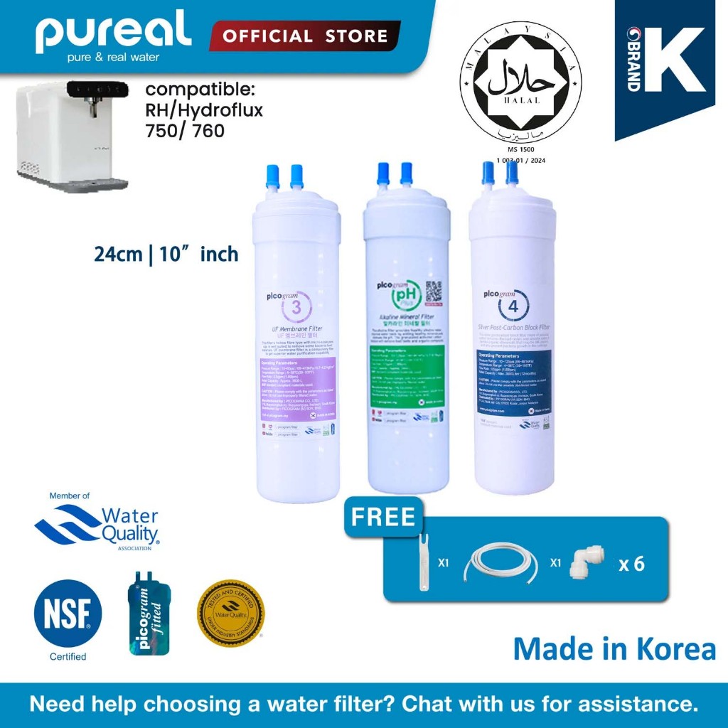 Pureal Picogram DS/ UF/ Nano pH Alkaline Water Purifier, 3PC sets, 24cm