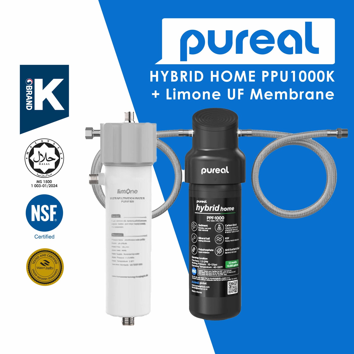 Pureal Hybrid Home PPU1000K Under Sink Water Filter System, 10K Gallons, NSF/ANSI 42&amp;372, Mineral Sediment Carbon Block KDF Polyphosphate Filter for Scale &amp; Lead &amp; Chlorine