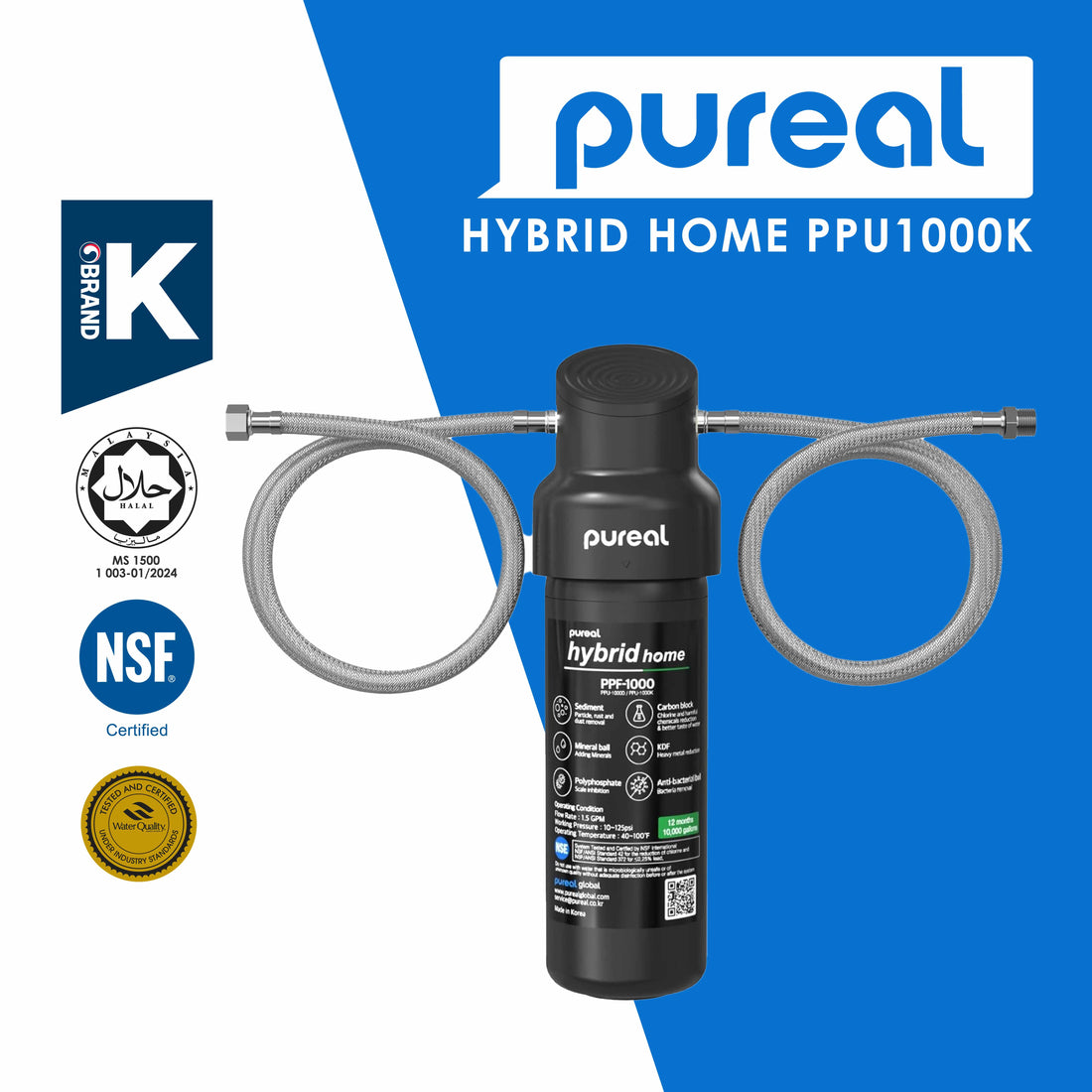 Pureal Hybrid Home PPU1000K Under Sink Water Filter System, 10K Gallons, NSF/ANSI 42&372, Mineral Sediment Carbon Block KDF Polyphosphate Filter for Scale & Lead & Chlorine