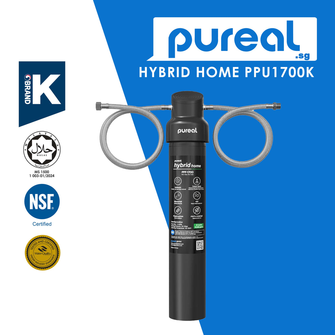 Pureal Hybrid Home PPU1700K Under Sink Water Filter System, 20K Gallons, NSF/ANSI 42&372, Mineral Sediment Carbon Block KDF Polyphosphate Filter for Scale & Lead & Chlorine
