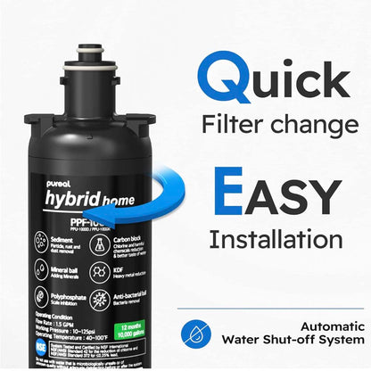 Pureal Hybrid Home PPU1000K Under Sink Water Filter System, 10K Gallons, NSF/ANSI 42&amp;372, Mineral Sediment Carbon Block KDF Polyphosphate Filter for Scale &amp; Lead &amp; Chlorine